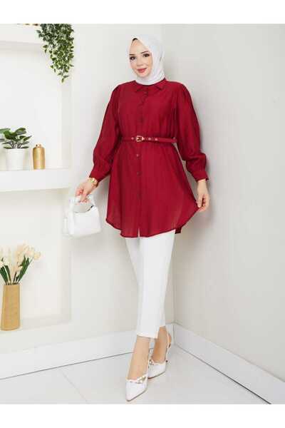 Gc.Butiq Kadın Kemerli Önden Düğmeli Çilek Tunik - Gömlek