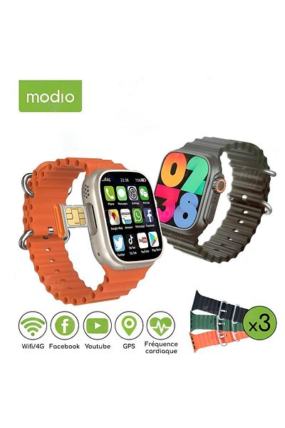 Modio Modio 4G Ultra Max 2.2 Inch HD Smart Watch 3 Pairs Strap with 64GB SIM Card Support