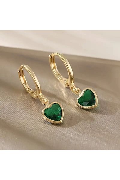 Takıtolia Fioria - Green Zircon Stone Gold Color Romantic Design Heart Figured Gift Daily Stylish Earrings