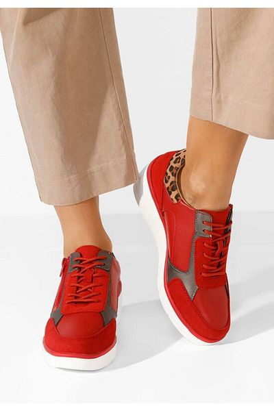 B T Shoes Women's red Imari leather sneakers