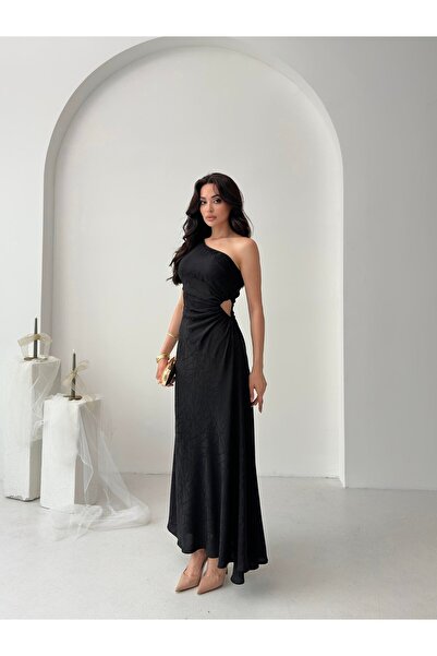 Serica Moda Φόρεμα με μονό ώμο με μαύρο σχέδιο με λεπτομέρεια παραθύρου