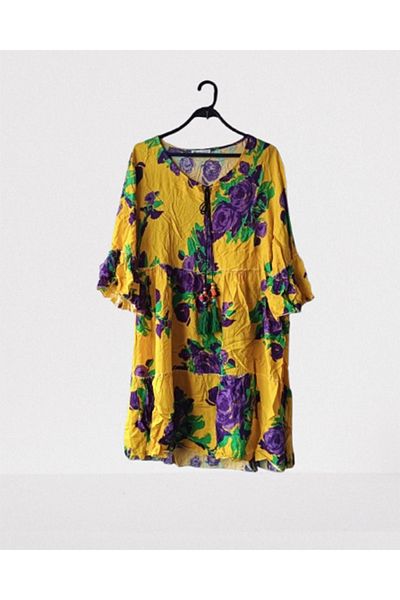 Namaste Vintage Yellow-Purple Print Authentic Midi Dress (36-44 Size Matching) 100% Cotton