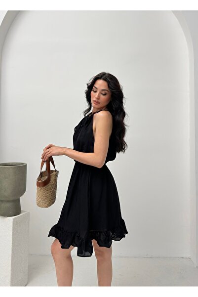 Serica Moda Siyah Boncuk Askı Detaylı Elbise