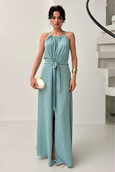 Serica Moda Mint Tie Detail Slit Satin Dress