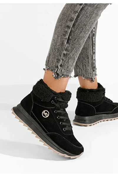 B T Shoes Avilma women's black fur-lined sneakers