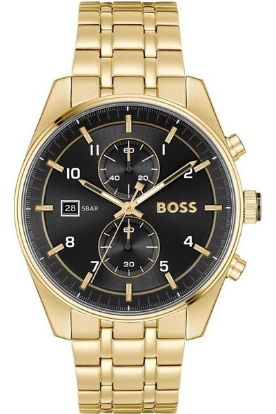 Hugo Boss SKYTRAVELLER Men's Black Sunray Dial Ionic Plated Thin Gold Steel Watch