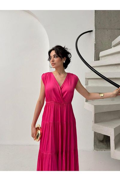 Serica Moda Fuchsia Double Breasted Ruffle Detailed Sleeveless Midi Dress