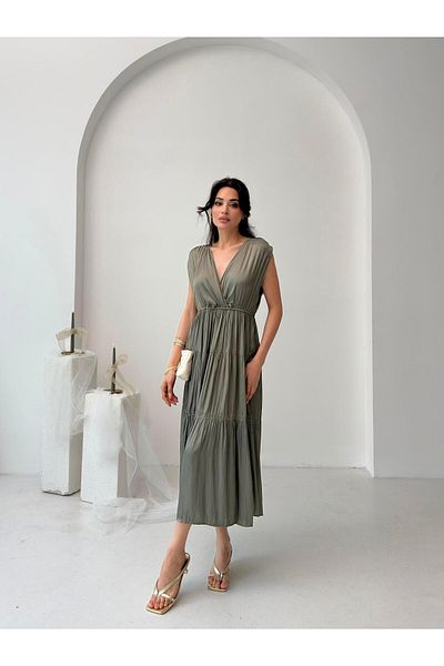 Serica Moda Khaki Double Breasted Ruffle Detailed Sleeveless Midi Dress
