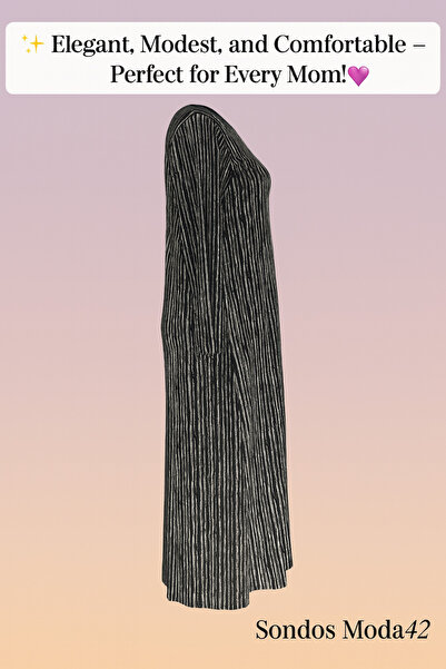 HESNA Kadın Serap Büyük Beden Çizgi Desenli Siyah Elbise