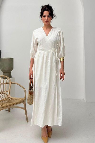 Serica Moda Ecru Double Breasted Collar Tie Detailed Muslin Dress