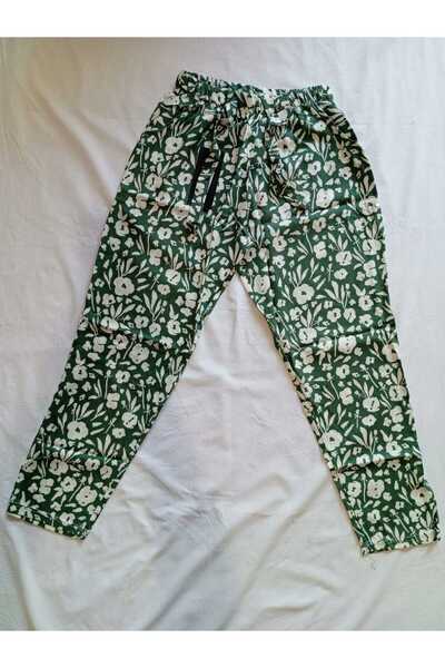 DİYAS1 DİYAS BUTİK - VİSKON PANTOLON DÜZ PAÇA BATTAL YEŞİL BEYAZ ÇİÇEKLİ