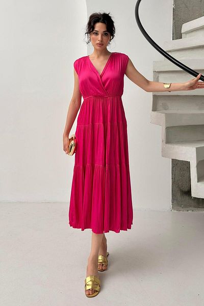 Serica Moda Fuchsia Double Breasted Ruffle Detailed Sleeveless Midi Dress