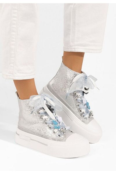 B T Shoes Ivonne women's silver high-top sneakers
