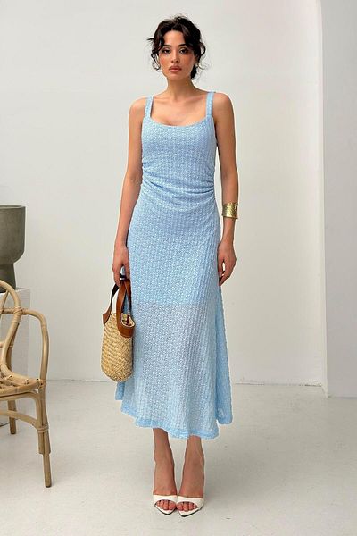 Serica Moda Blue Square Neck Strap Lace Dress