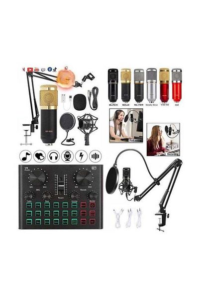 Bonjour Professional Condenser Microphone Kit with V8 Plus Live Sound Card, Spectrum Button Light, Wireless