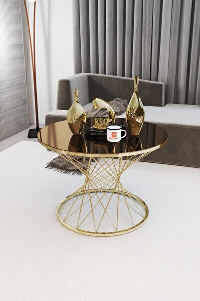 Ekübya Home Hasır Telli Tekli Orta Sehpa Gold Ayak Bronz Ayna & Bohem Sehpa &