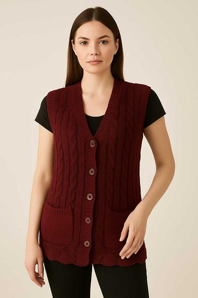 KNİTİCAL TEKSTİL Women's V-Neck Thick Wool Goose Feet Patterned Knitwear Buttoned Pocketed Mother Vest