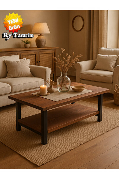 rymoble salon orta sehpasi siyah ayaklı 95 x 50 cmdir 2 katlıdır ceviz ton