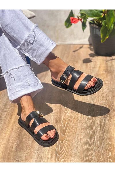 SİBA SHOES Arden Black Slippers with Belt and Buckle Detail