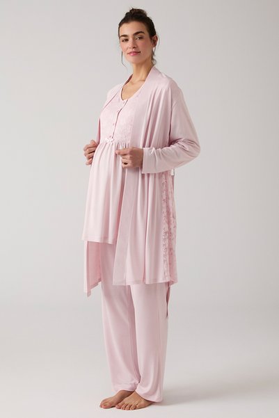 MERCİ MARYA Lace Detailed Pregnant Maternity 3-Piece Pajama Set