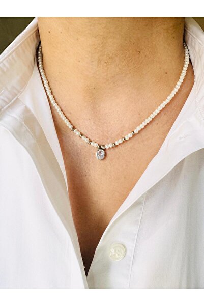 DEVİ fashion قلادة فضية رائعة من اللؤلؤ الزجاجي مقاس 44 سم