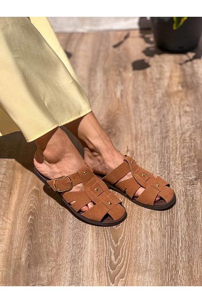 SİBA SHOES Noa Belt Detailed Tan Suede Slippers