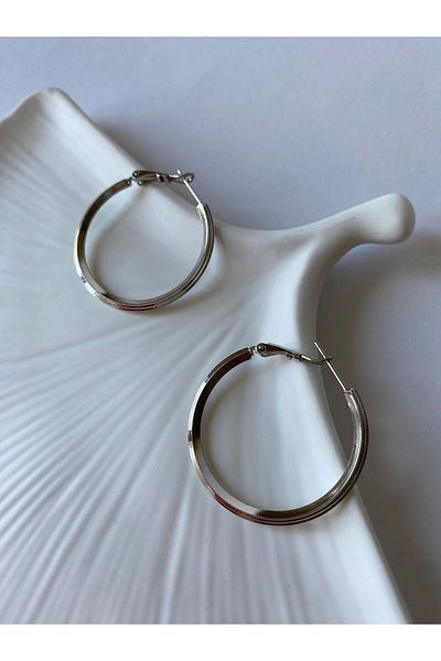 marsel aksesuar Xuping Medium Size Striped Silver Hoop Earrings