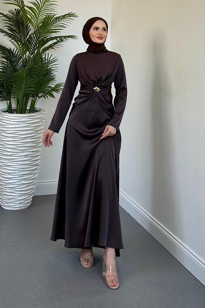 MERVEN AKYÜZ Naree Front Buckle Satin Evening Dress Chocolate Brown