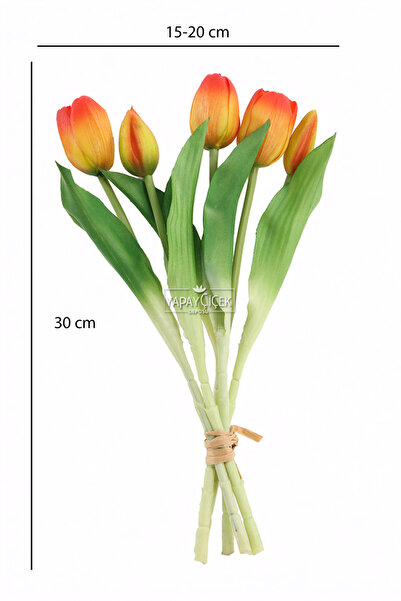 Yapay Çiçek Deposu Gerçek Dokulu Lüx 5 Dallı Tulipa Lale Buketi Turuncu