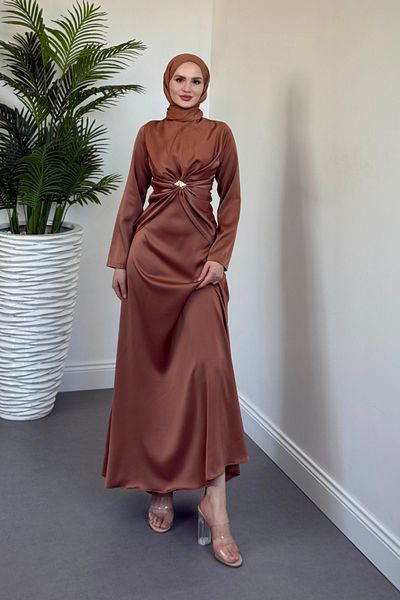 MERVEN AKYÜZ Naree Front Buckle Satin Evening Dress Cappucino