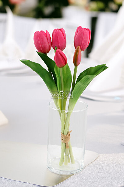 Yapay Çiçek Deposu Gerçek Dokulu Lüx 5 Dallı Tulipa Lale Buketi Fusya