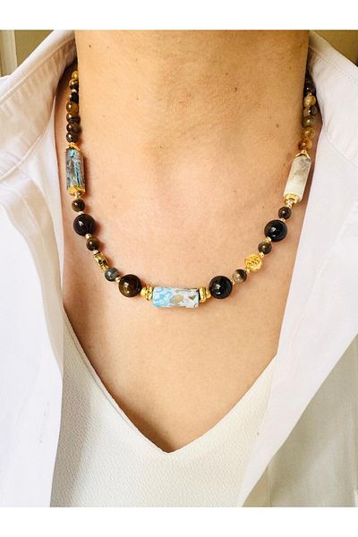 DEVİ fashion Tiger Eye Natural Stone Necklace 48 cm