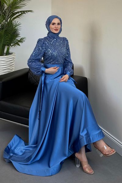 MERVEN AKYÜZ Elena Top Sequined Satin Evening Dress Blue