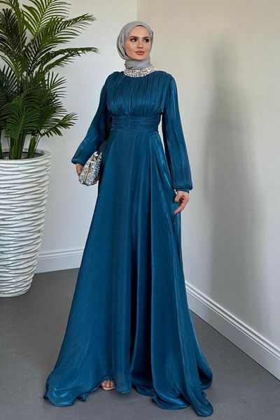 MERVEN AKYÜZ Talya Neckline Stone Evening Dress Turquoise