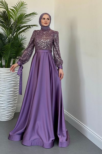 MERVEN AKYÜZ Elena Top Sequined Satin Evening Dress Lilac