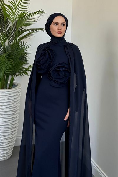 MERVEN AKYÜZ Lineaa Rose Detail Cape Evening Dress Navy Blue