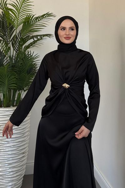 MERVEN AKYÜZ Naree Front Buckle Satin Evening Dress Black