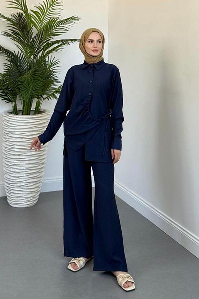MERVEN AKYÜZ Nova Side Gathered Suit Navy Blue