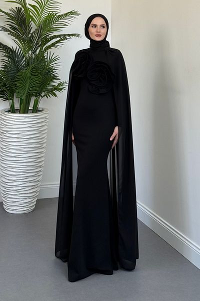 MERVEN AKYÜZ Lineaa Rose Detail Cape Evening Dress Black
