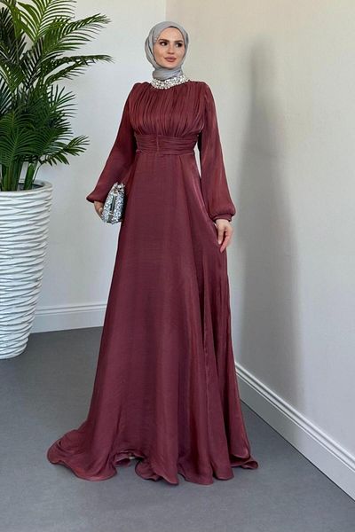 MERVEN AKYÜZ Talya Neckline Stone Evening Dress Tile