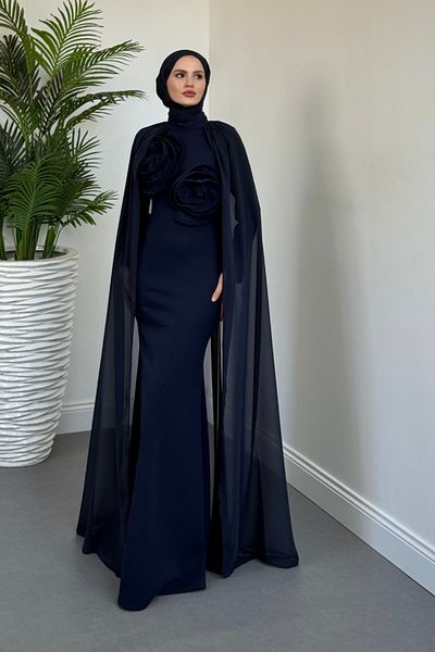 MERVEN AKYÜZ Lineaa Rose Detail Cape Evening Dress Navy Blue