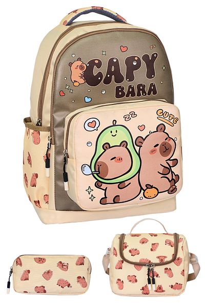Çantaland 3-Piece Primary School Capybara Printed School Bag with Lunch and Pen Holder for Boys