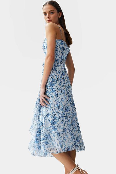 PayBuy Chiffon Lined Midi Dress V Neck a Line Patterned Summer Special Design Trend Stylish Appearance