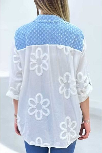 Butik Şans Italian Shirt with Floral Figure Embossed with Denim Detail