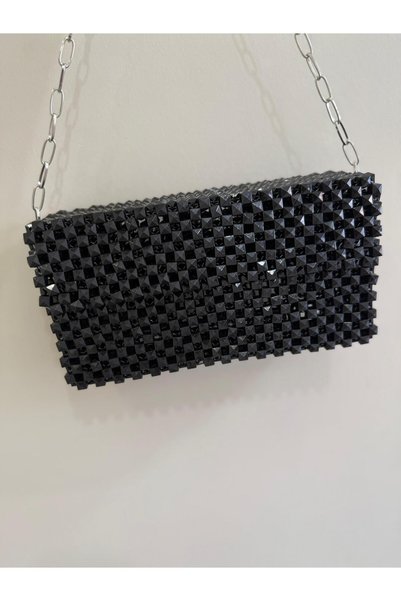 BONİTA Women's Black Beaded Chain Handmade Shoulder Bag