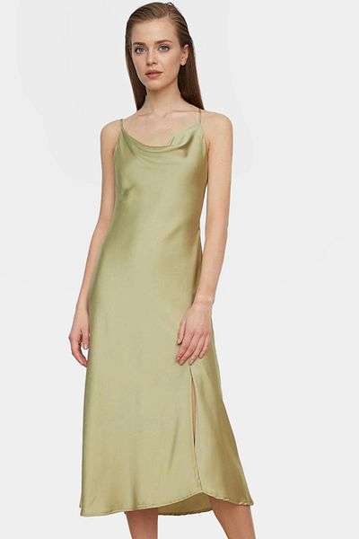 PayBuy Chic Women's Midi Evening Dress Satin Woven Plain Patterned Degaje Collar Comfortable Cut Quality Craftsmanship
