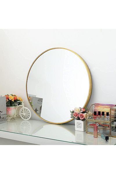 Living Round Wall Mirror with Elegant Gold Metal Frame, 90 cm