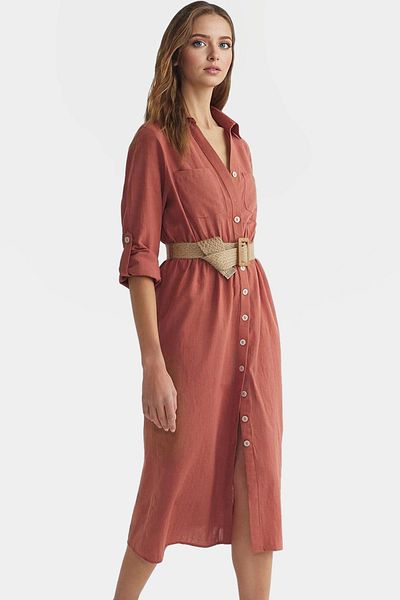 PayBuy Midi Woven Shirt Dress 100 Cotton with Belt Daily Casual Distinguished Material Quality Craftsmanship