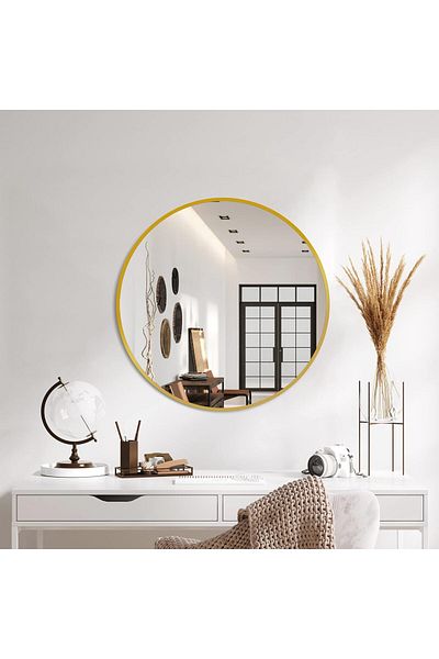 Living Round Wall Mirror with Elegant Gold Metal Frame, 80 cm