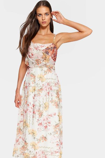 PayBuy Floral Patterned Maxi Chiffon Dress Lined Square Collar Summer Professional Look Comfortable and Stylish